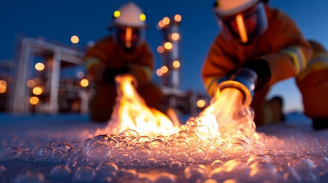 Firefighters using foam to smother the flames of a chemical fire working with precision and caution to ensure the safety of the surrounding area. Expert emergency responders expertly