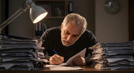 A stressed middle-aged man working late at night surrounded by stacks of papers and documents in a dimly lit office environment with a desk lamp illuminating his focused expression