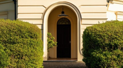 Elegant building entrance with dark arched doorway, semi-circular transom window, modern light fixture, warm beige walls, architectural moldings, manicured green hedges, dark pebble ground, 