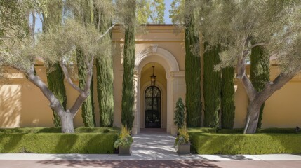 Elegant building entrance with warm yellow facade, grand arched black metal door, classic hanging lantern, tall cypress trees, manicured hedges, vibrant potted plants, sunny stone pathway.