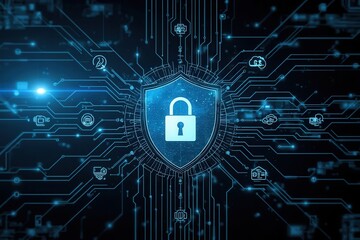 Digital security shield with padlock symbolizing online data protection and network infrastructure.