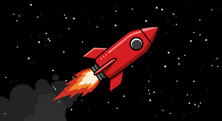 Cartoon Rocket Launching Through Starry Space