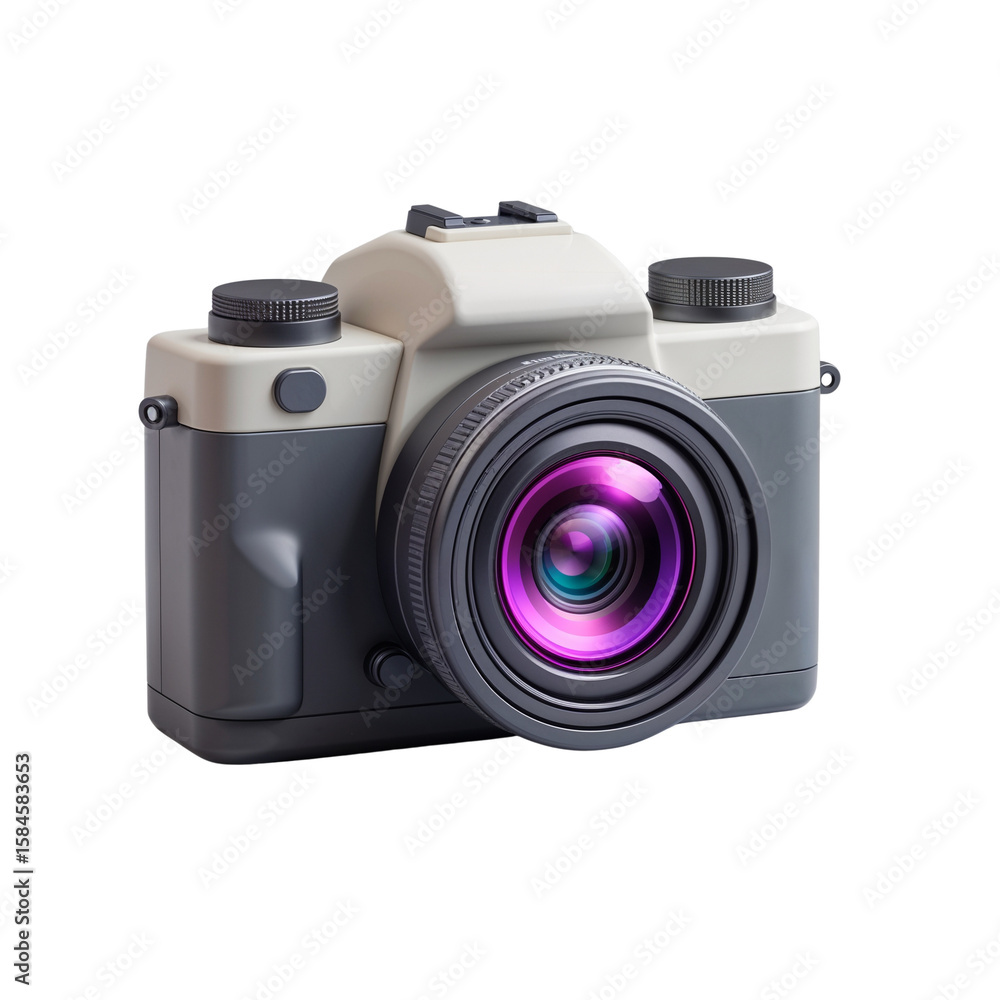 Poster retro-styled camera with a lens showcasing intricate reflections on an isolated transparent plane