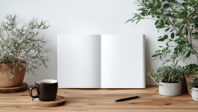 Open notebook, plants, coffee, minimalist desk