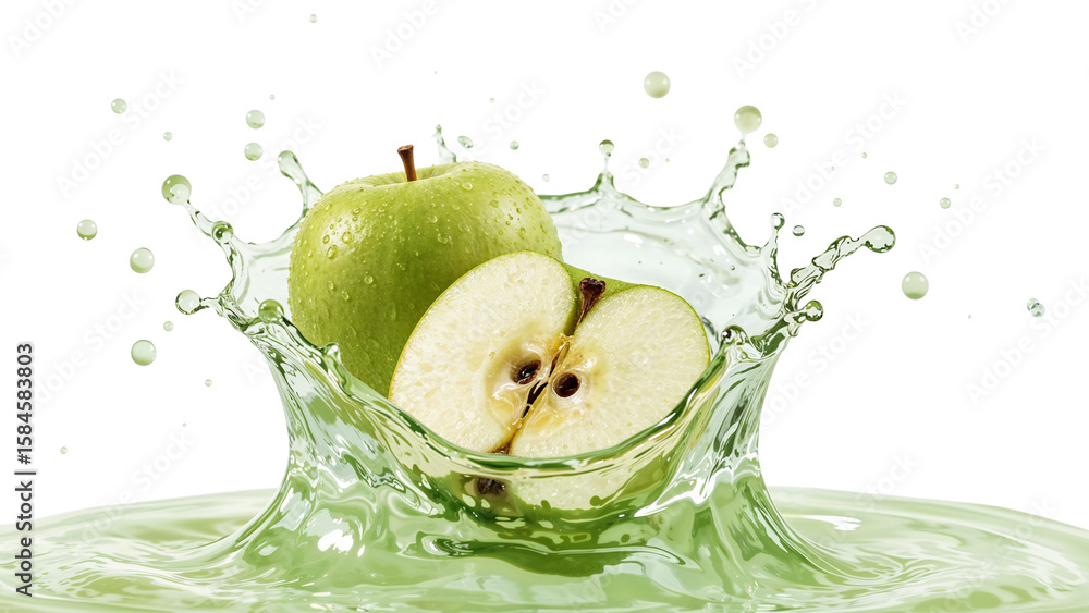 Poster crisp green apple slices in refreshing juice splash on a transparent background