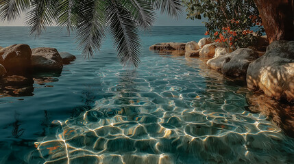 Tropical Beach Scene with Lush Foliage and Rocks