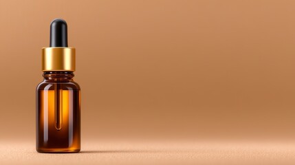 Glass dropper bottle with amber tint casting golden shadow on beige minimalist flat design illustration with copy space photo. High quality image showcasing a glass