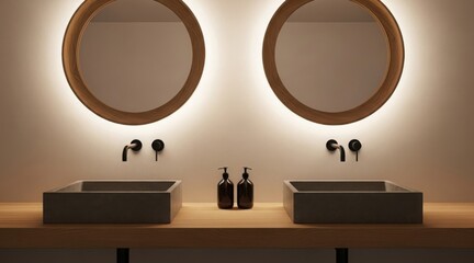 Modern minimalist bathroom with two stone vessel sinks wooden framed backlit mirrors and black faucets