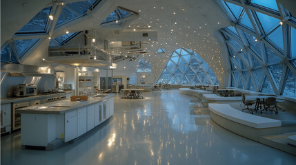 Modern kitchen in futuristic glass dome structure