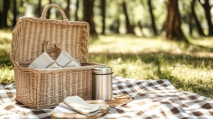 A beautiful, empty wicker picnic basket, open on a checkered blanket, with a thermos and linen napkins ready to be packed, awaiting a sunny day adventure, nostalgic and bright