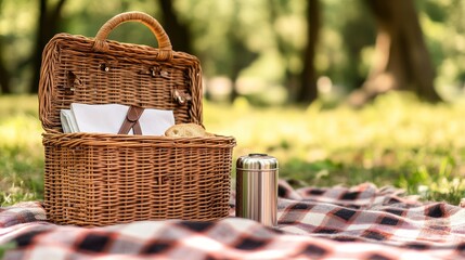 A beautiful, empty wicker picnic basket, open on a checkered blanket, with a thermos and linen napkins ready to be packed, awaiting a sunny day adventure, nostalgic and bright.