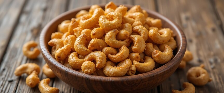  Golden-brown roasted cashew nuts in rustic bowl made from Indian sheesham wood, resting on aged wooden tabletop, healthy snack idea, Anacardium occidentale.

