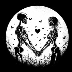 Skeleton couple holding hands Valentine. Cartoon Clipart Silhouette Vector Illustration Line Art Illustration. Bony duo grips palm for loving day death romance heart concept.
