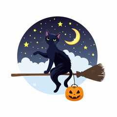 Halloween vector art featuring a black cat confidently sitting on a flying broomstick, gliding through a cloudy sky with sparkling stars, ideal for holiday visuals