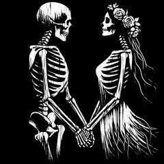 Skeleton couple holding hands Valentine. Cartoon Clipart Silhouette Vector Illustration Line Art Illustration. Bony pair joined valentines day romance theme bone human figure celebration.