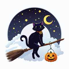 Magical Halloween vector artwork of a black cat perched on a broomstick soaring through a cloudy night sky with twinkling stars, evoking whimsy and seasonal mystery