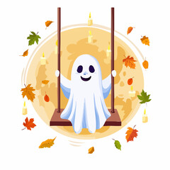 A charming Halloween-themed vector poster showing a cute ghost child sitting on a tree swing, gently swaying under a glowing full moon in a spooky forest night setting