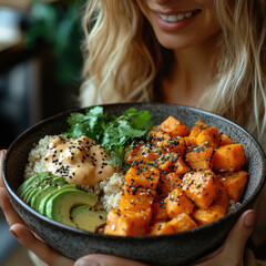 Woman holding a bowl with avocado and vegetables, preparing a healthy meal.