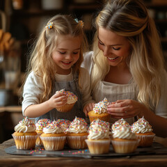 Woman and girl admiring cupcakes.