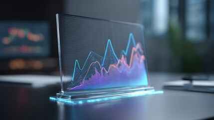 Financial data is displayed on a futuristic glass screen, showcasing stock market trends and investment analysis with vibrant blue and purple line graphs.