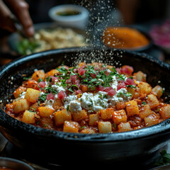 Bowl of food with plenty of sauce and a spoon of sour cream.