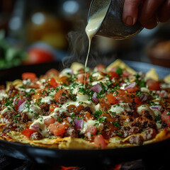 Person pouring sauce on pizza.