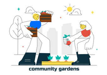 Community Garden Vector Illustration Featuring People Enjoying Their Time at a Public Farm in Town While Taking Care of Plants in a Environmental