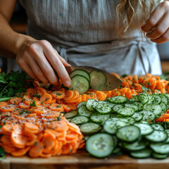 Woman cutting carrots on cutting board.