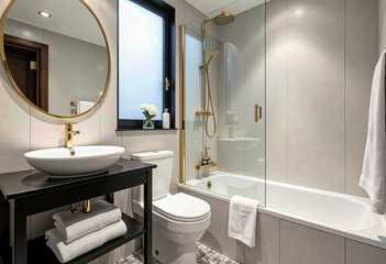Elevate your bathroom with dual round mirrors, a luxurious gold faucet, and a sleek shower that crafts a spa-like retreat for refreshing morning routines or indulgent evening baths.