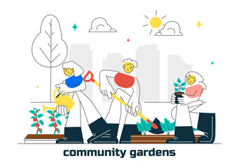 Community Garden Vector Illustration Featuring People Enjoying Their Time at a Public Farm in Town While Taking Care of Plants in a Environmental