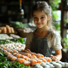 Little girl in front of table of vegetables.