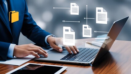 Image is a digital composite featuring a business-themed layout. In the foreground, a person with medium skin tone is interacting with a laptop and a tablet on a wooden desk. 