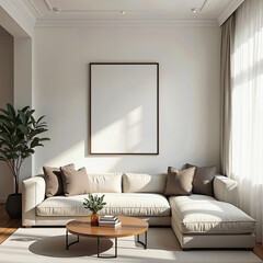 Transform your living space with a minimalist blank canvas, plush neutral sofa, and lush indoor plants that craft a serene retreat for morning coffee or peaceful evening relaxation.