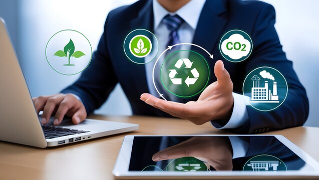 Image is a digital composite featuring a business professional in a suit, with medium skin tone, sitting at a desk. The focus is on the person's hand, which is open and facing upwards. - Powered by Adobe