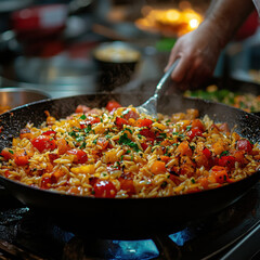 Person cooking a large bowl of food.
