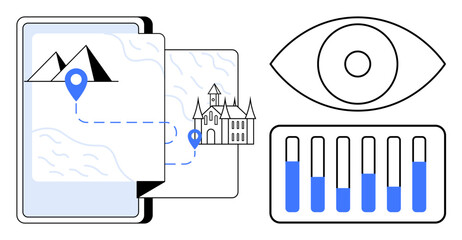 Digital map with location pins on mountains and castle, analytical bar graph, large eye icon. Ideal for navigation, travel, exploration, data analysis, tourism, tech simple landing page