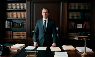 Professional lawyer standing in an elegant law office