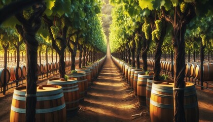 Rows of vines stretch neatly wooden barrels sit ready the air ri