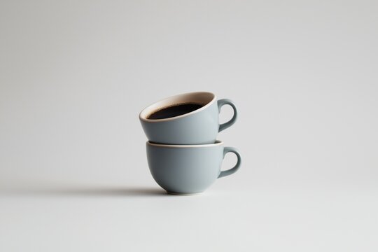 Two coffee cups stacked on top of each other containing decaf black java coffee or long black, breakfast coffee time still life