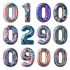 Iridescent Geometric Number Set 0-9 Digital Design  Abstract Colorful  Crystallized Font