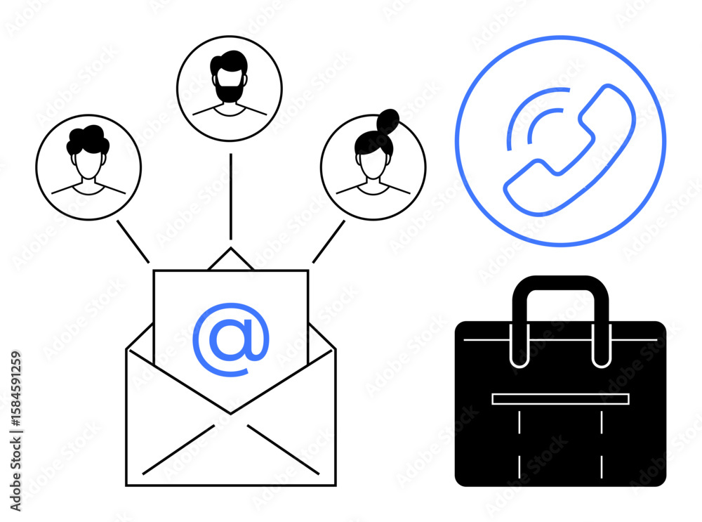 Poster open envelope with at symbol, profile icons connected, phone receiver, and briefcase representing ne