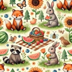 Woodland animals having picnic with fruits and sunflowers on grass. Seamless watercolor pattern with rabbits, foxes, raccoons, birds, watermelon, berries and trees.