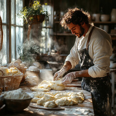 Man in apron kneading bread on table.