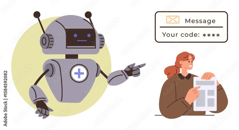 Poster robot pointing at verification code message as a woman reviews her document. ideal for ai assistance