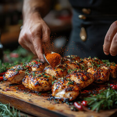 Person preparing chicken dish on wooden board.