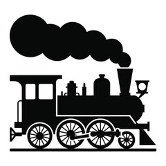 Black Silhouette of a Classic Steam Train with Smoke on a White Background