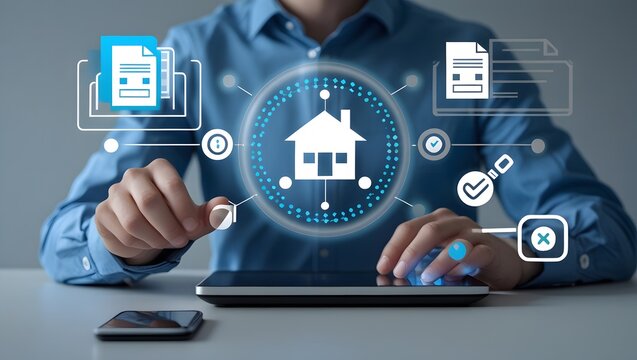 Image is a digital composite featuring a person in a blue shirt interacting with a laptop and a smartphone. The individual is seated at a desk, with their face not visible. - Powered by Adobe