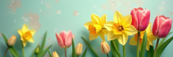 Close-up shot of delicate daffodils and tulips , white, spring flowers