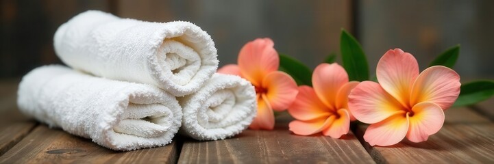 Crisp white towels, delicate peach blossoms arranged on rustic wooden table , towel, element