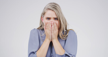 Shock, scared and portrait of woman in studio with bad news, announcement or omg. Face expression,...